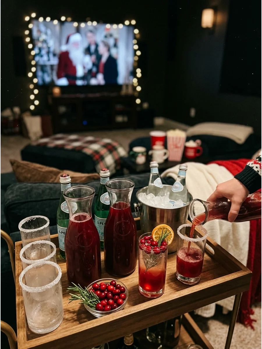 A bar cart with cranberry mocktails and rosemary garnishes.