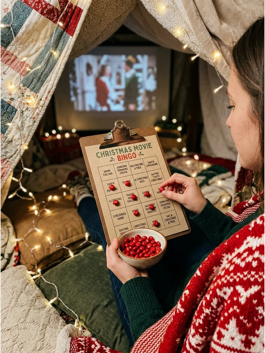 A person playing movie bingo inside a cozy blanket fort.