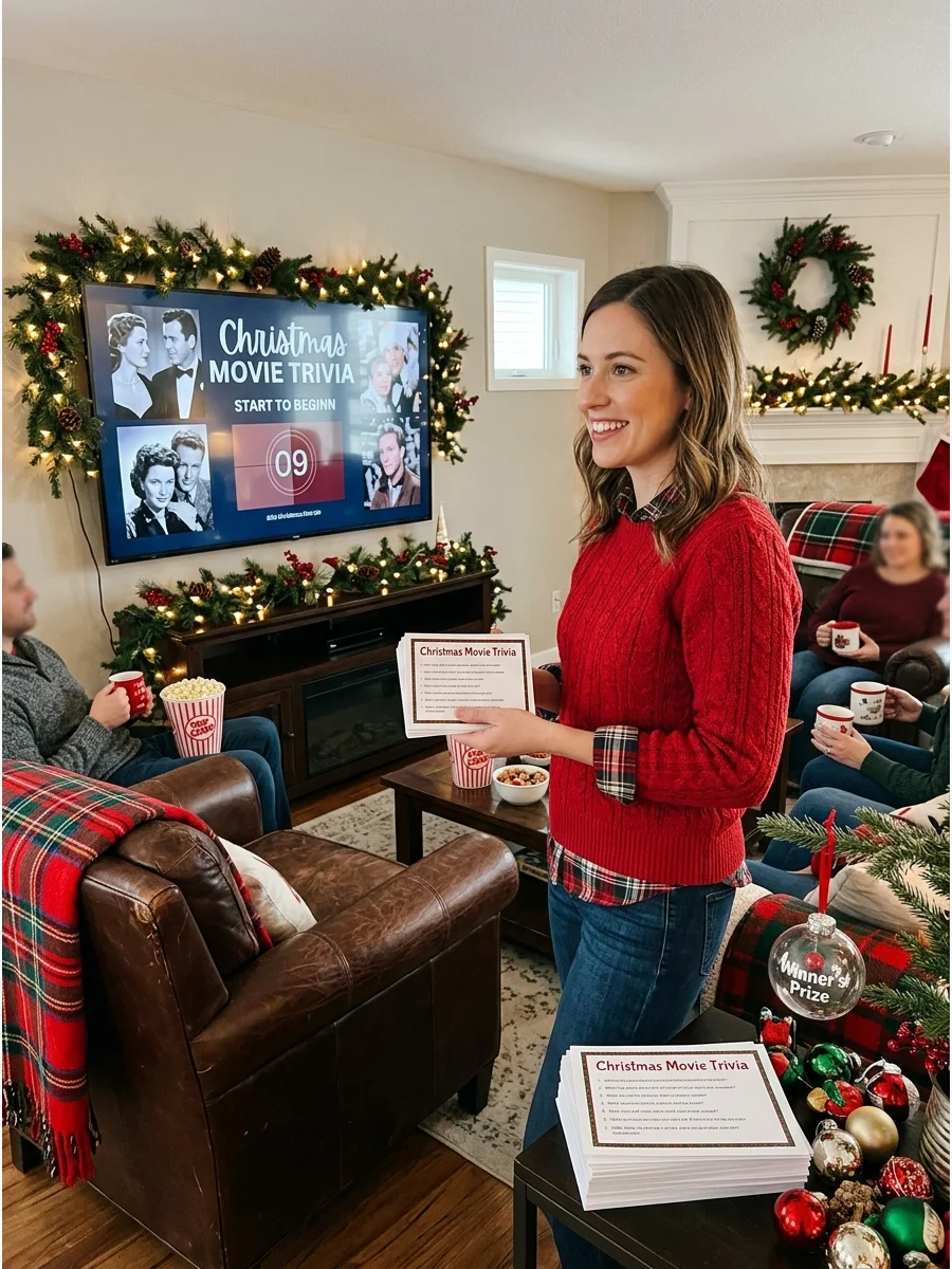 A host holding trivia cards in a festive living room.