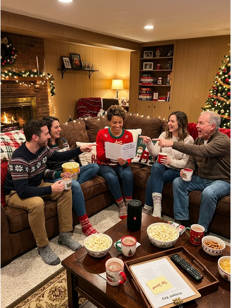 Friends playing a guessing game on a large sofa.