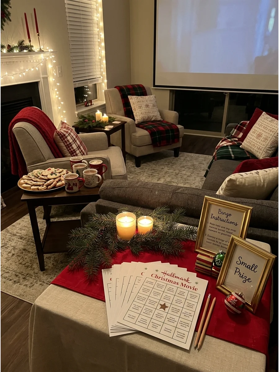 Table with red runner and holiday movie bingo cards.
