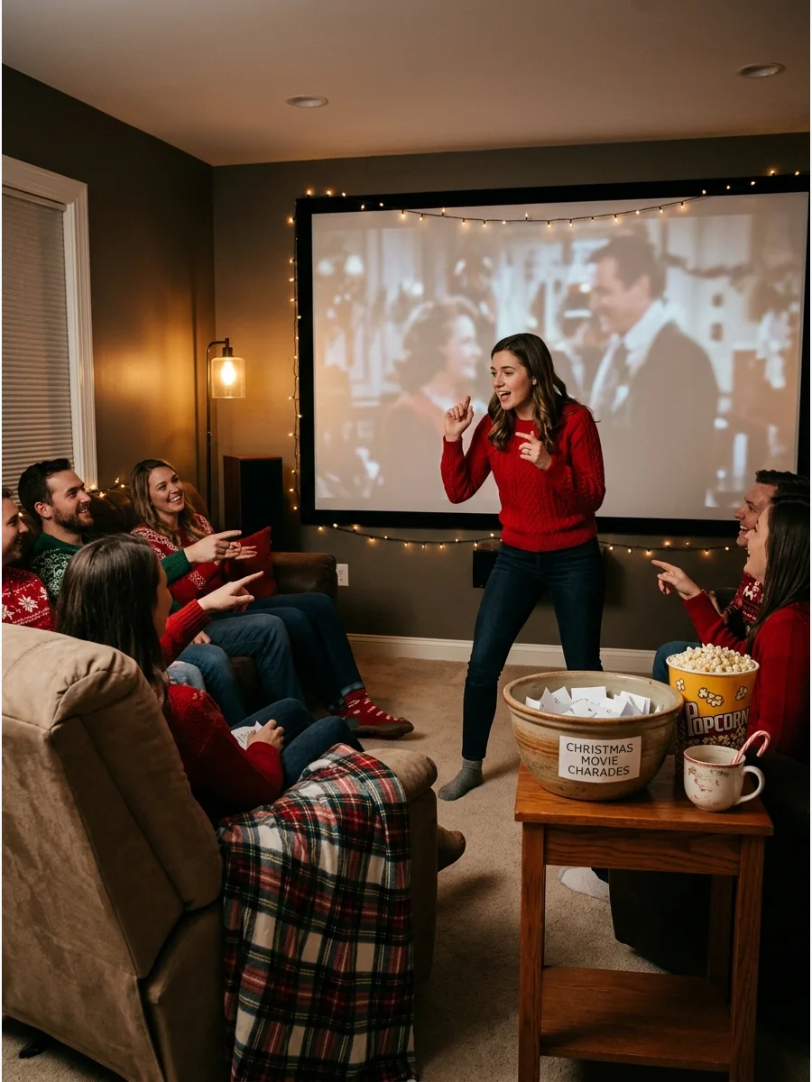 A person acting out a movie title in a home theater.