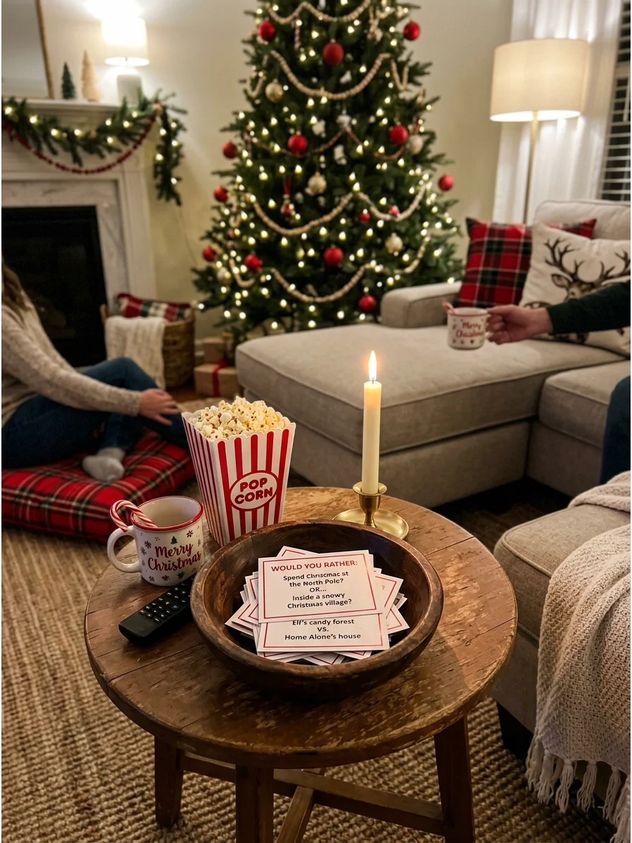 Christmas movie themed would you rather cards in a bowl.