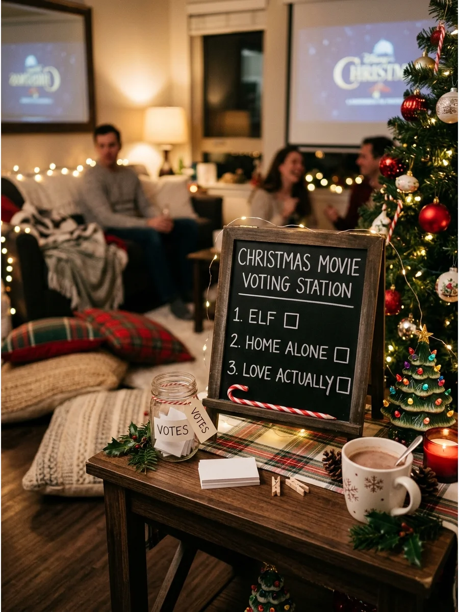 A voting station for selecting a Christmas movie.