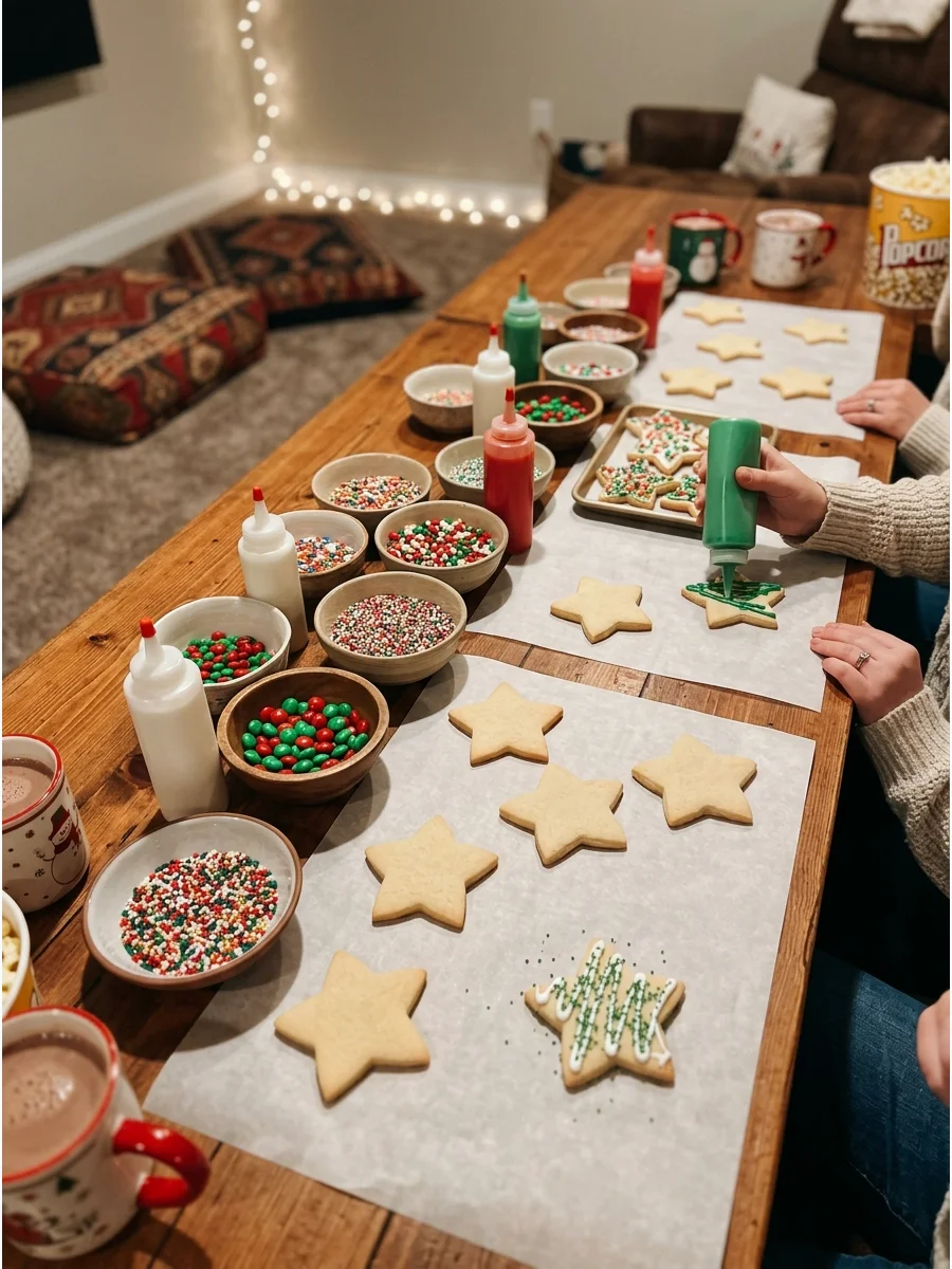 A cookie decorating station with festive icing and sprinkles.