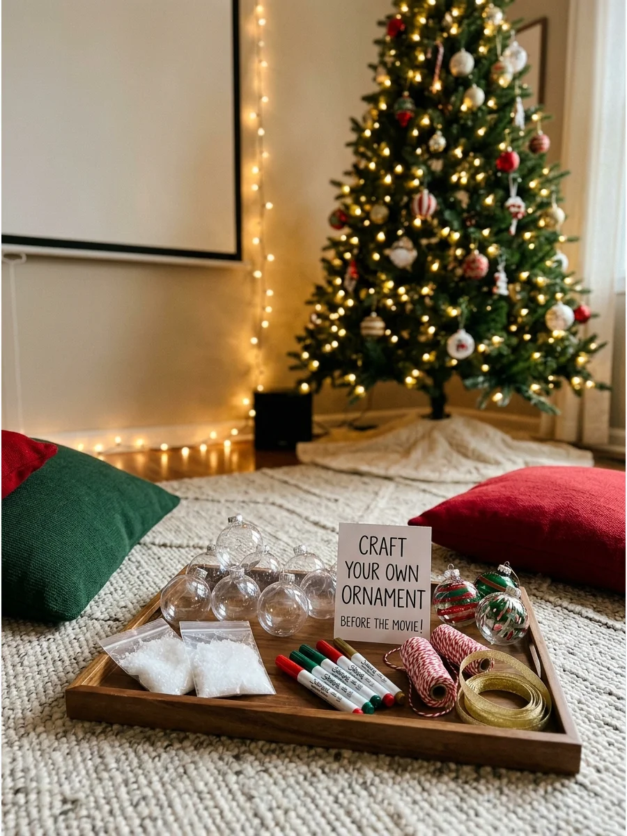 A simple ornament crafting station on a living room floor.