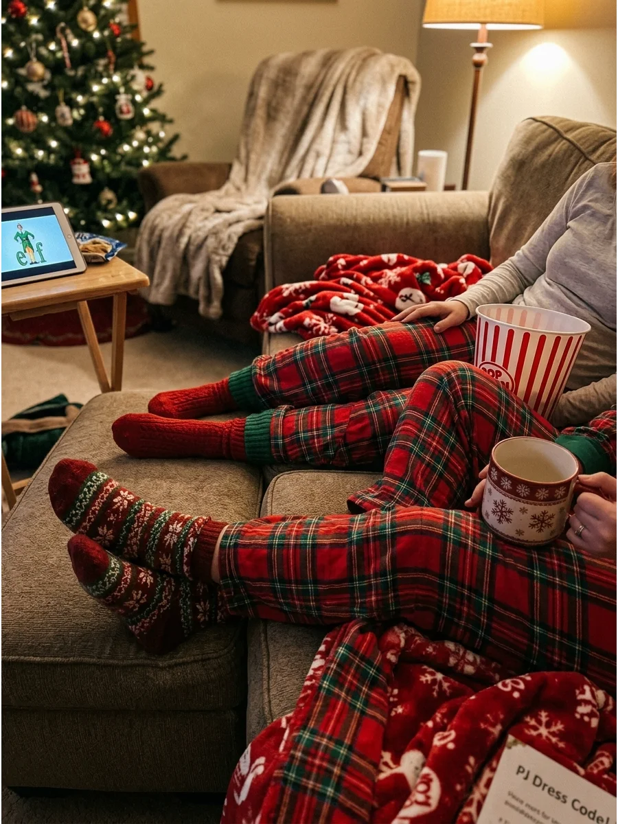 Friends wearing matching holiday pajamas for a movie night.
