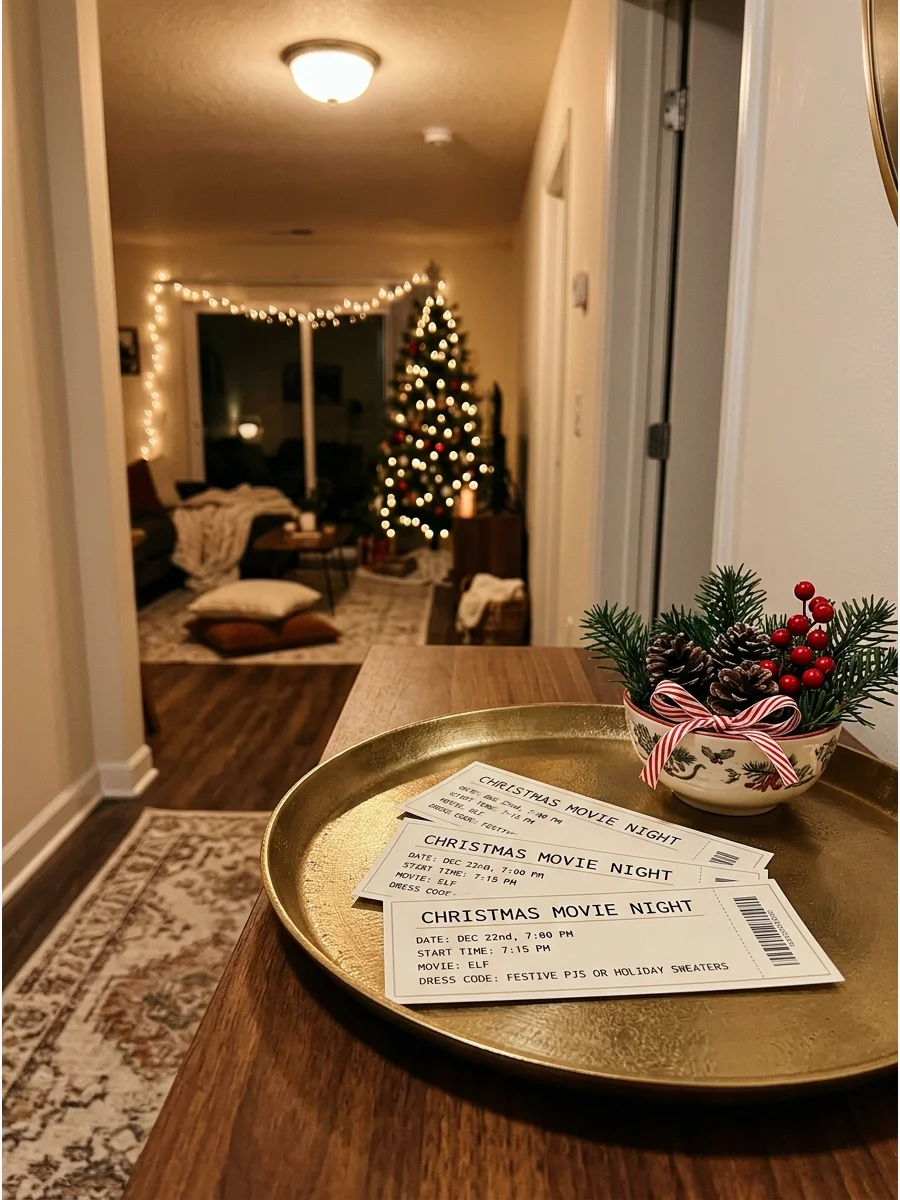 Paper movie tickets for a Christmas party lying on a tray.