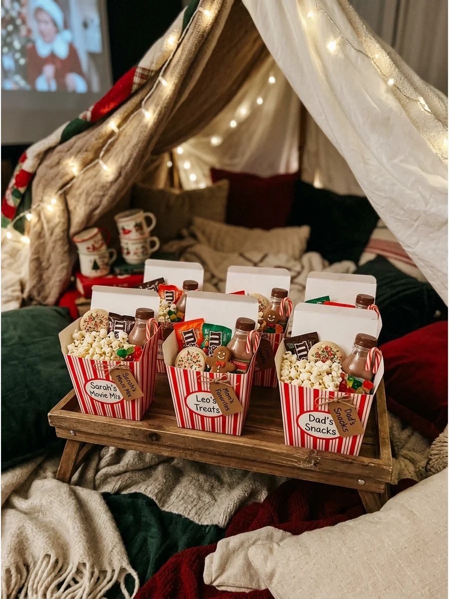 Personalized snack boxes inside a cozy blanket fort.
