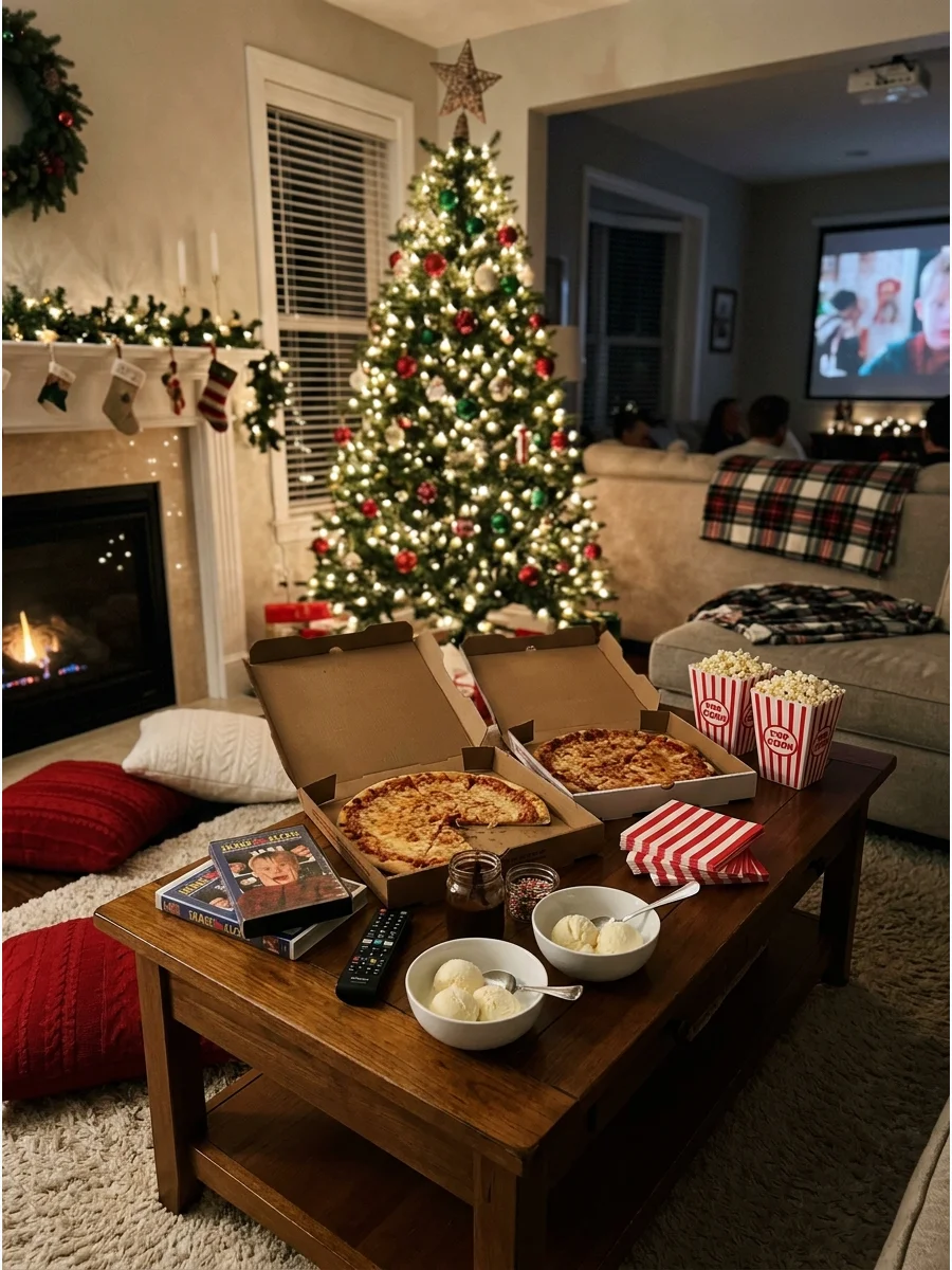 Coffee table with pizza boxes and ice cream sundaes.