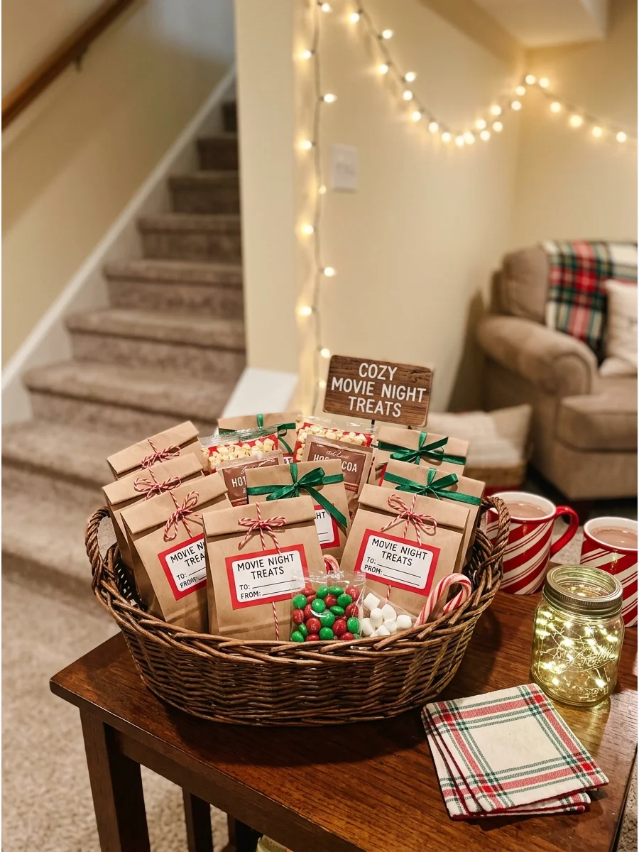 A basket of movie-themed party favors near an exit.