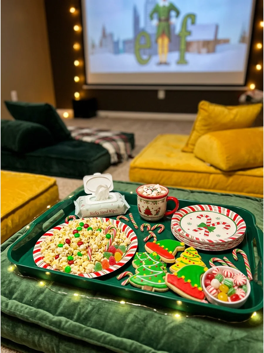 Home theater with yellow and green decor and candy snacks.