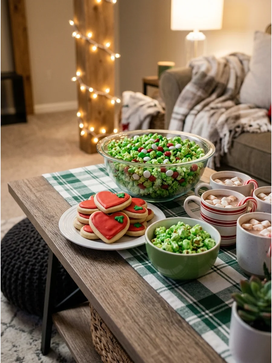 Snack table with green popcorn and heart-shaped cookies.