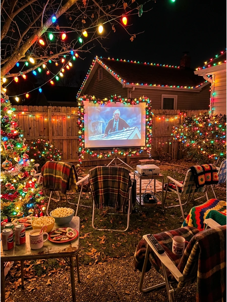 Outdoor movie screen with colorful Christmas lights.