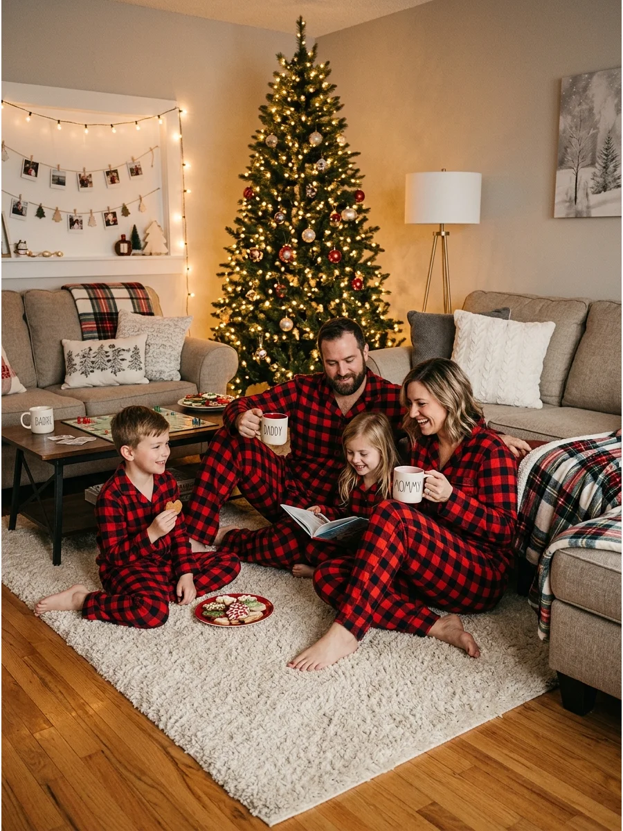 Family in matching red plaid pajamas sitting by a Christmas tree.