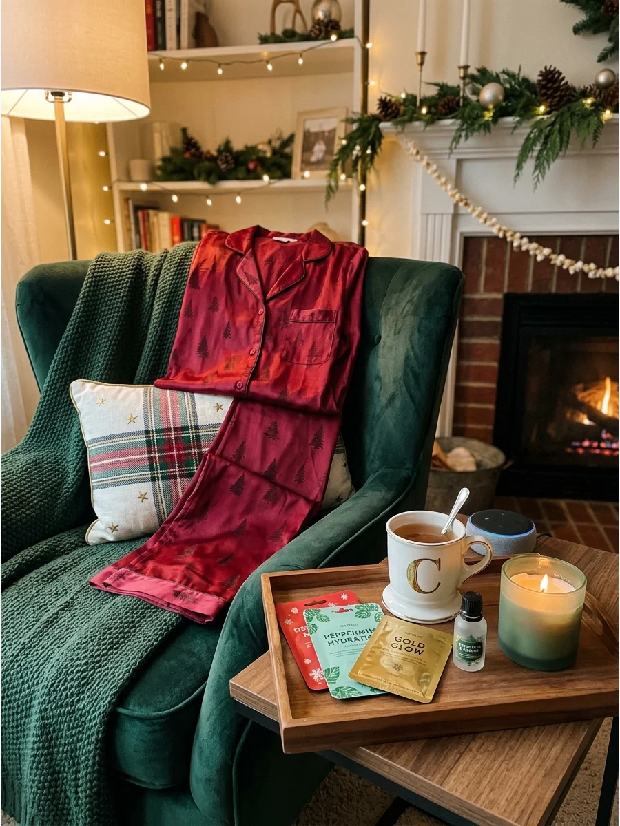 Cozy den setup for a girls' holiday night with pajamas and skincare.