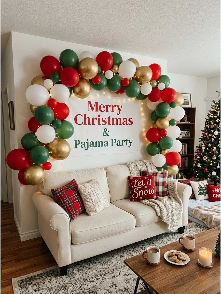 A festive balloon backdrop with red and green colors for a pajama party.