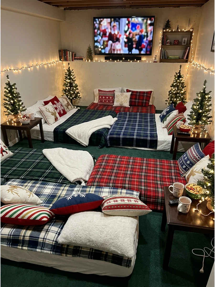 A comfortable floor lounge area with blankets and pillows for a party.