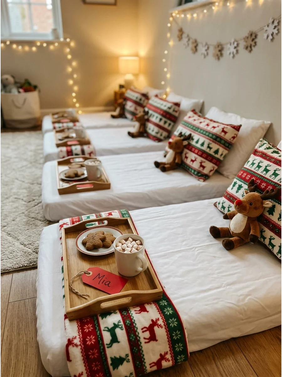 Individual sleepover mats arranged in a row with holiday bedding.