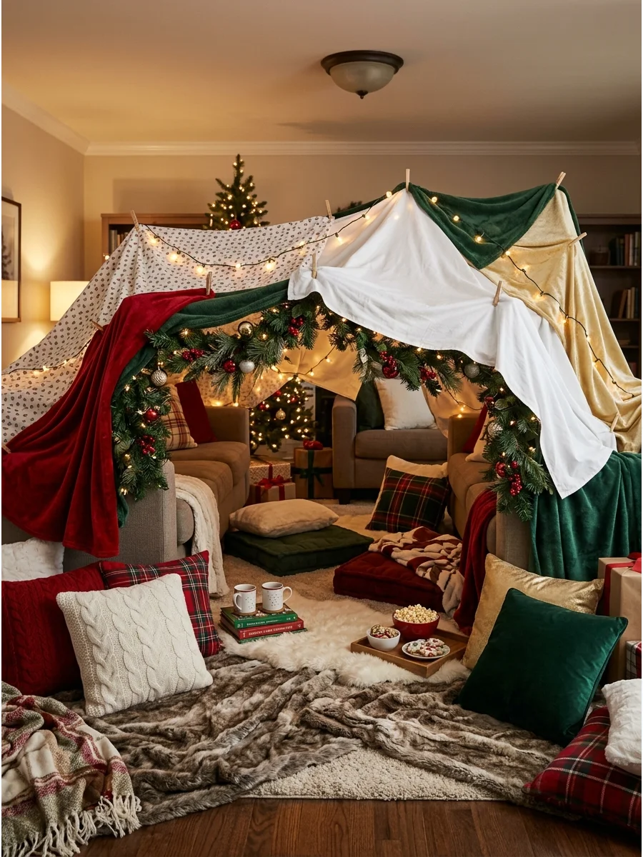 A large indoor blanket fort decorated with twinkling holiday lights.