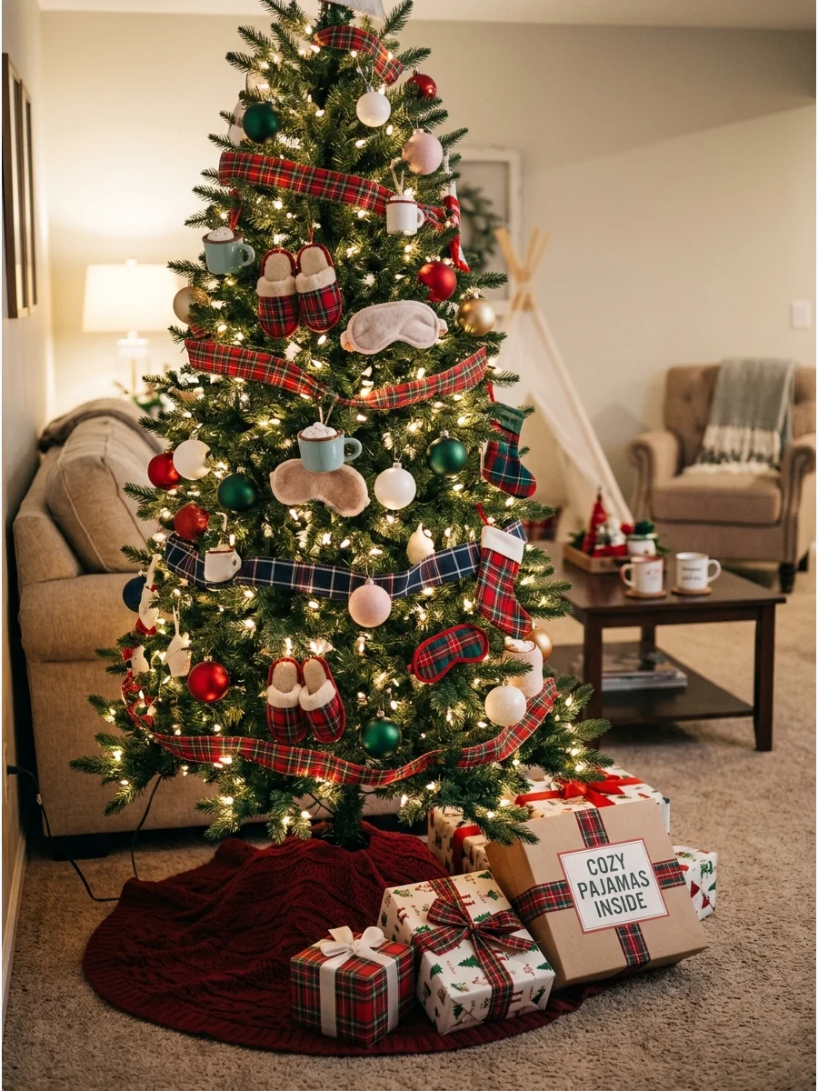 A themed Christmas tree with sleep-related ornaments and plaid ribbon.