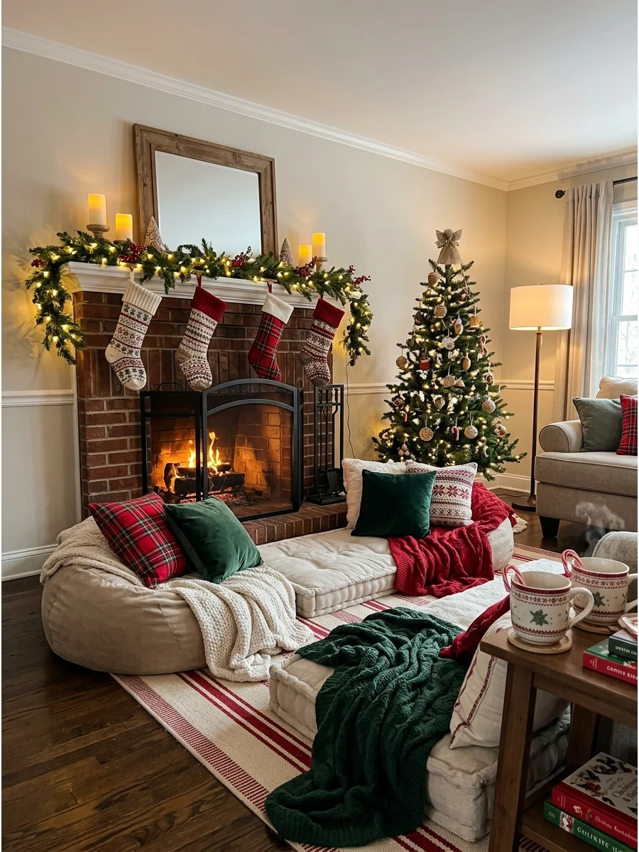 A fireplace lounge area with beanbags and stockings for a pajama party.