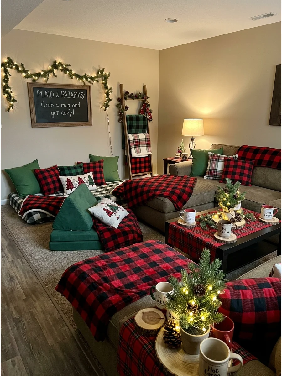 Red and black buffalo plaid decor used throughout a party space.