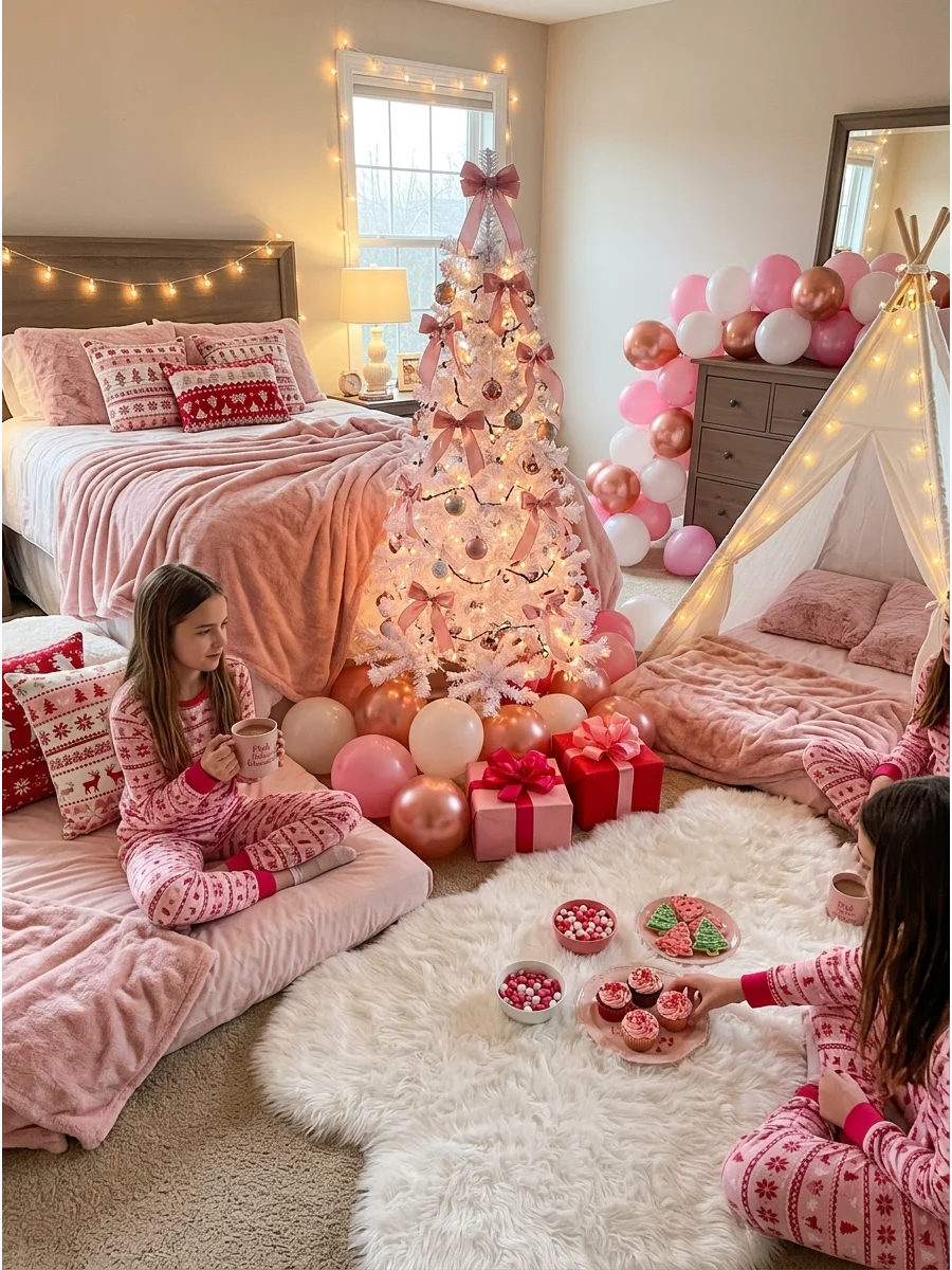 A pink and white holiday pajama party setup with a white tree.