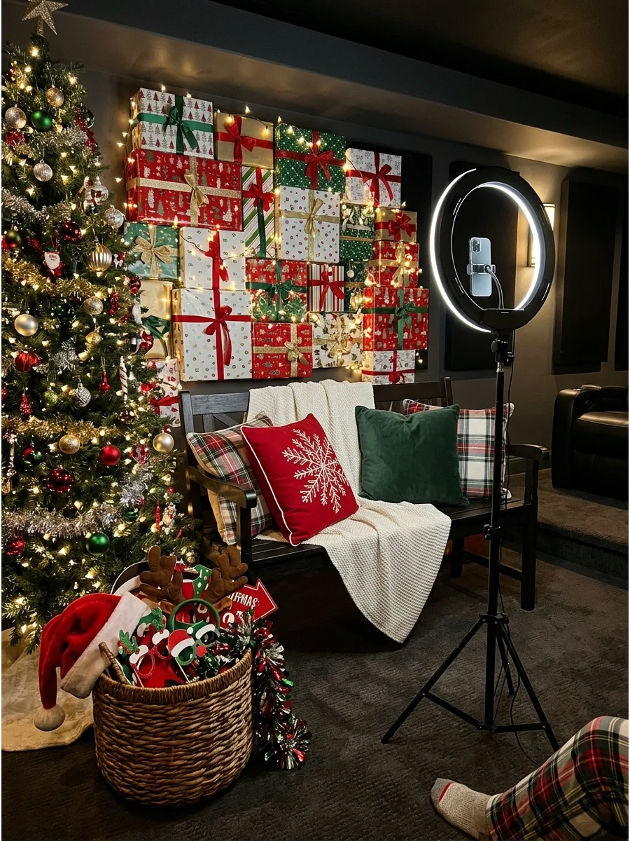 A holiday photo booth area with a bench and gift-wrapped background.
