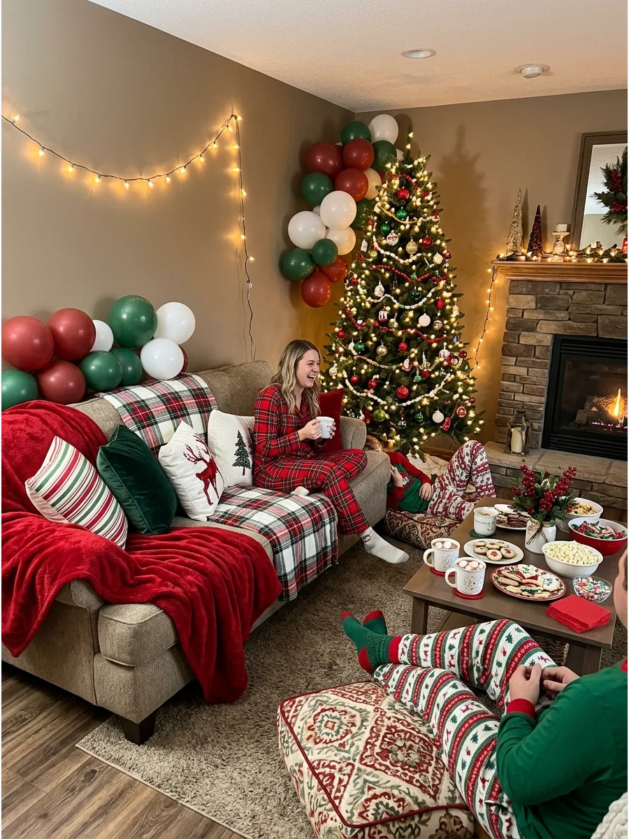 Holiday den decorated with red and green pillows and festive garlands.