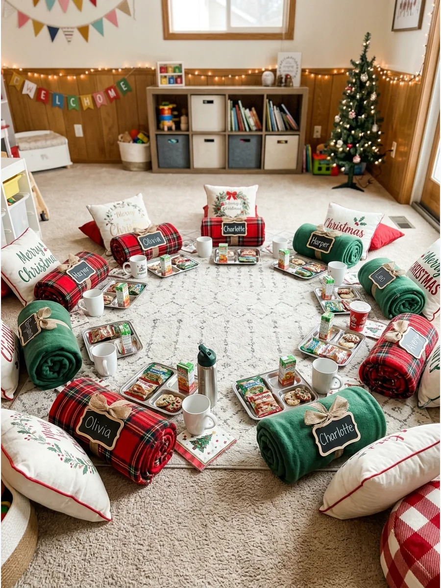Organized party stations for guests with name cards and blankets.