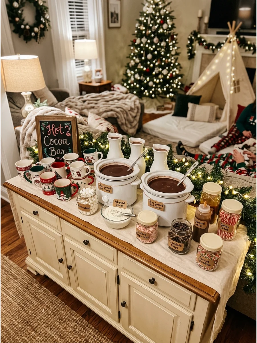 A festive hot cocoa station on a wooden table with toppings and red mugs.