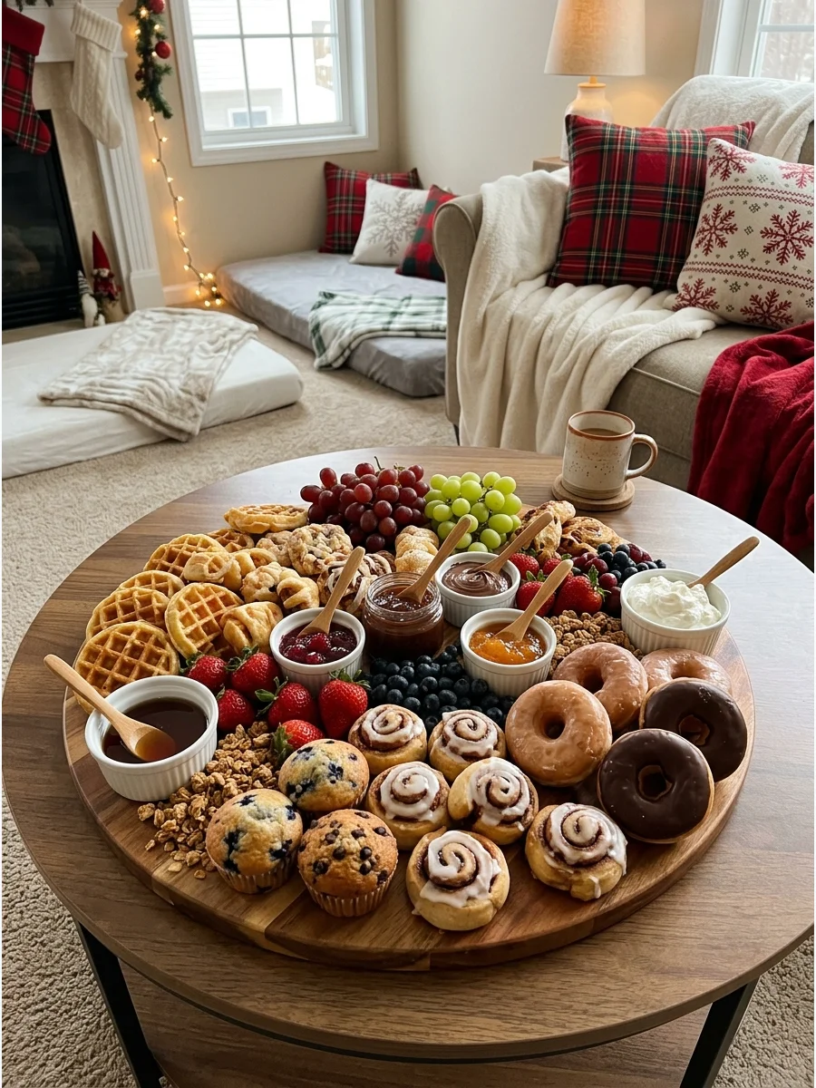 A large breakfast grazing board filled with pastries and fruit on a coffee table.