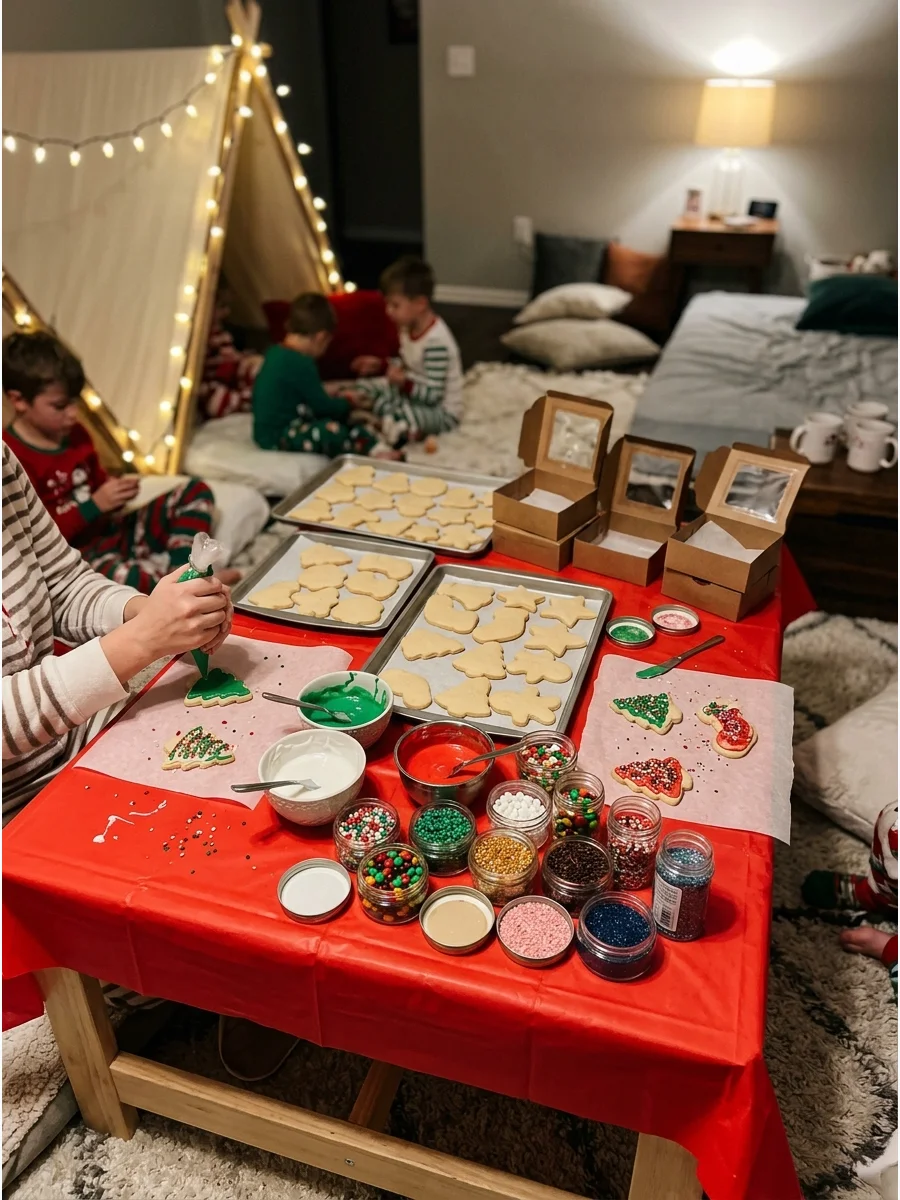 A cookie decorating station with plain cookies and colorful icing bags.
