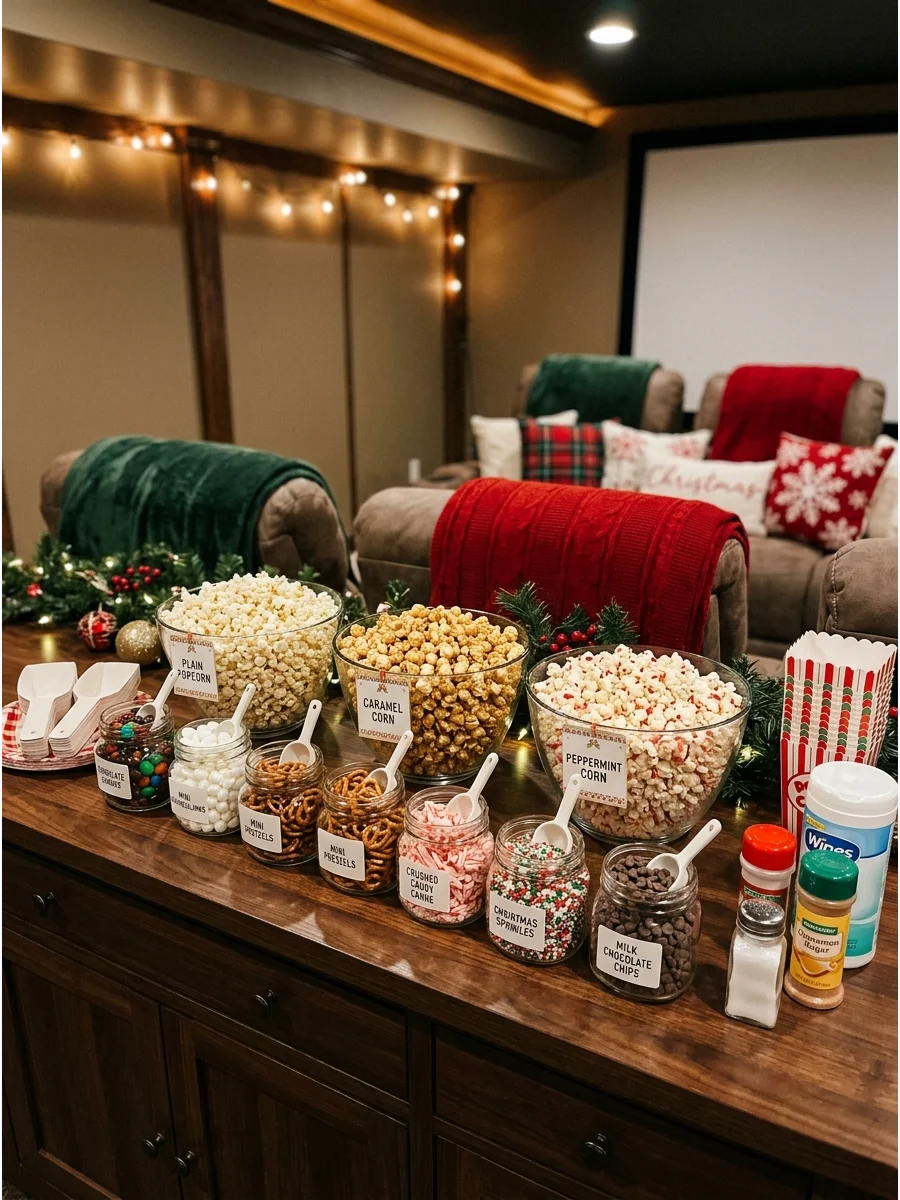A popcorn bar with different mix-ins and seasonings in a home theater.