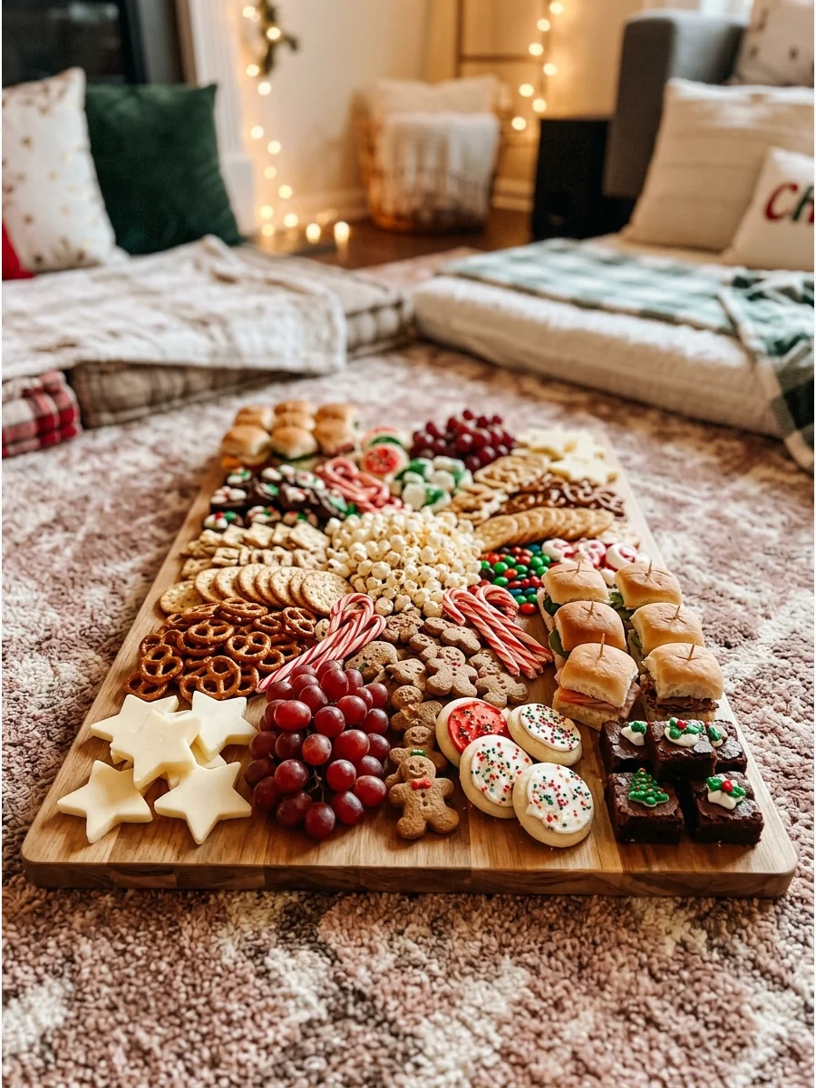 A savory snack board with cheese and crackers on a living room floor.