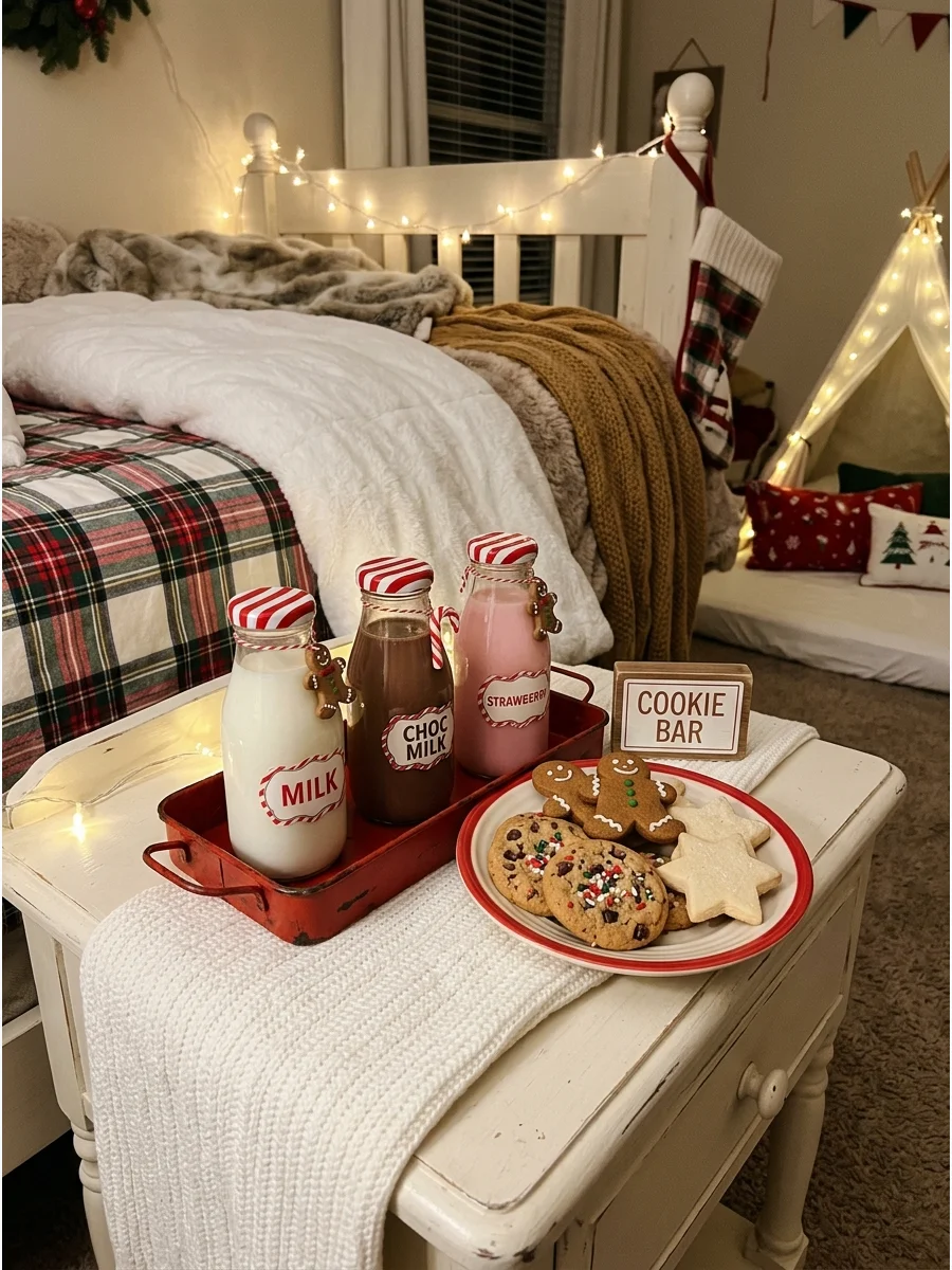 Small milk bottles and a plate of cookies on a bedroom nightstand.
