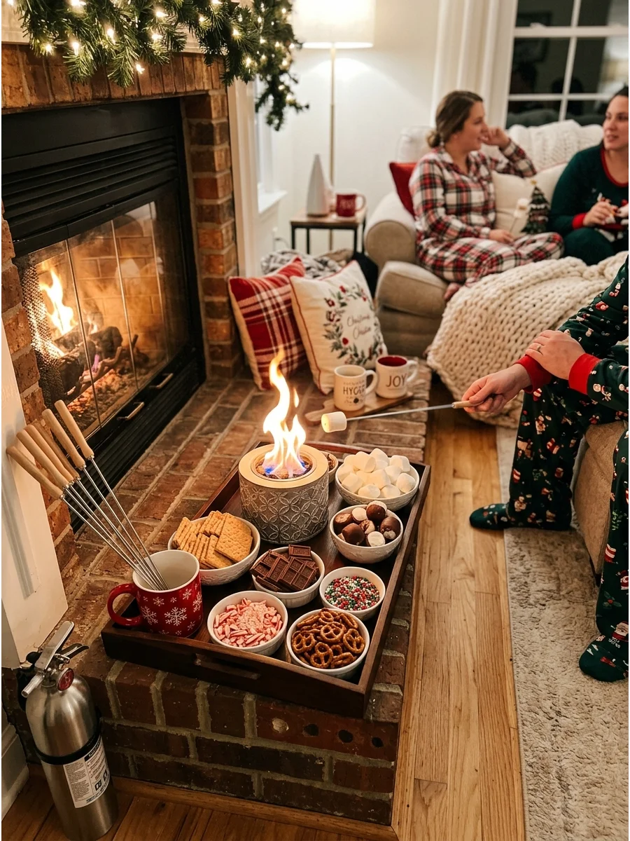 A s'mores roasting station with marshmallows and chocolate near a fireplace.