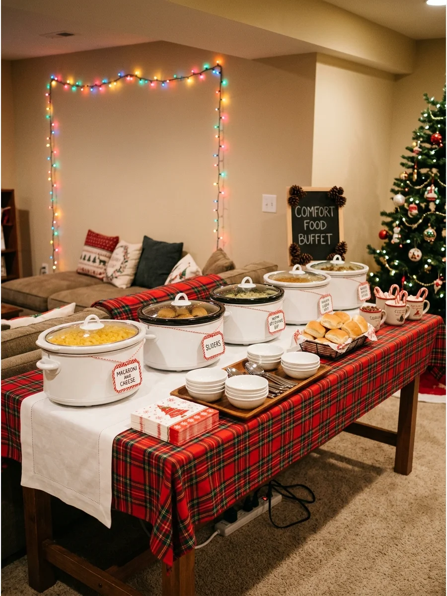 A comfort food buffet with slow cookers and small serving bowls.