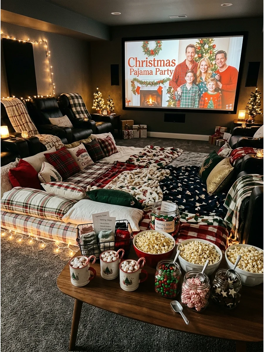 Home theater set up with floor mattresses and holiday movie on screen.