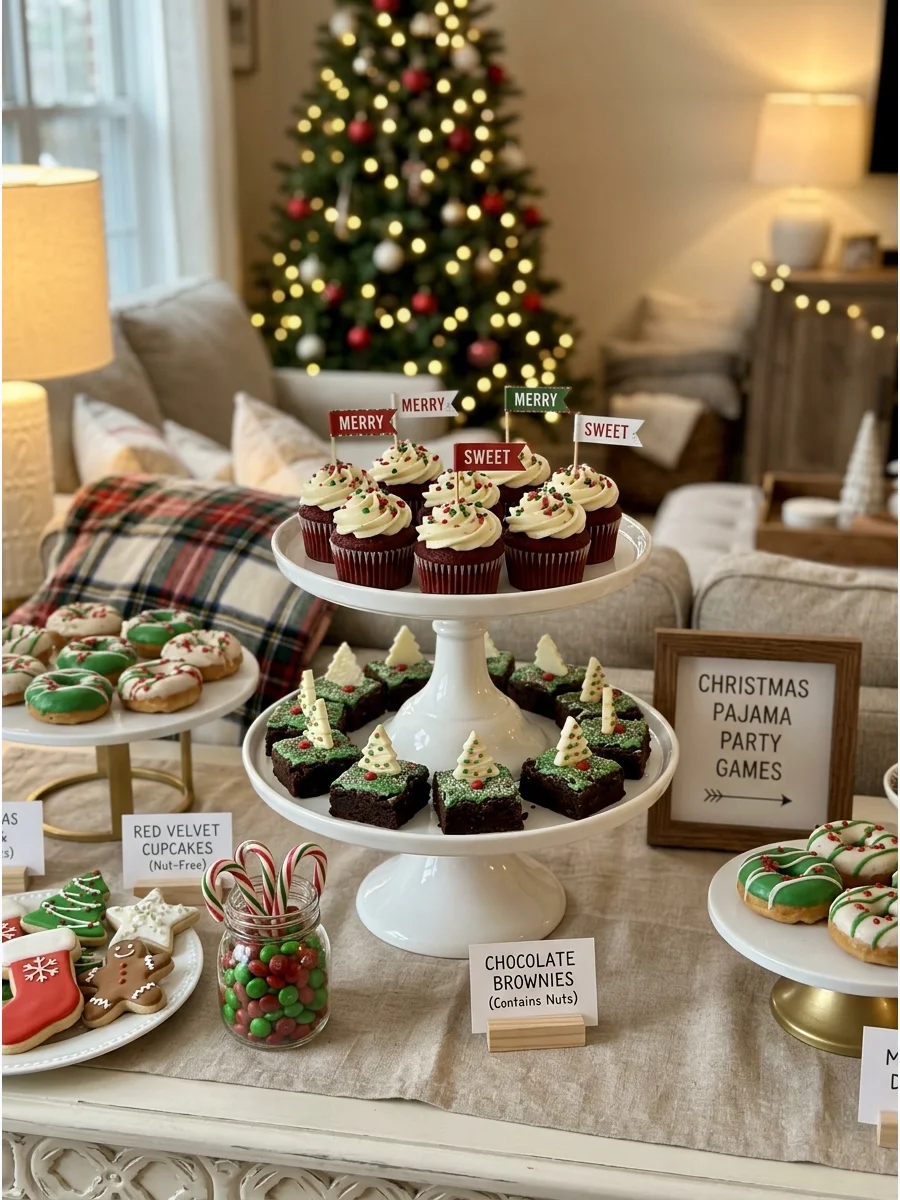 A tiered dessert stand filled with holiday-themed cupcakes and brownies.
