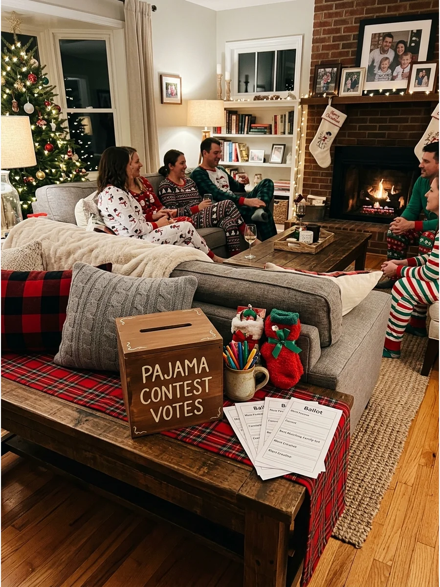 A wooden ballot box and paper voting slips for a pajama contest on a coffee table.