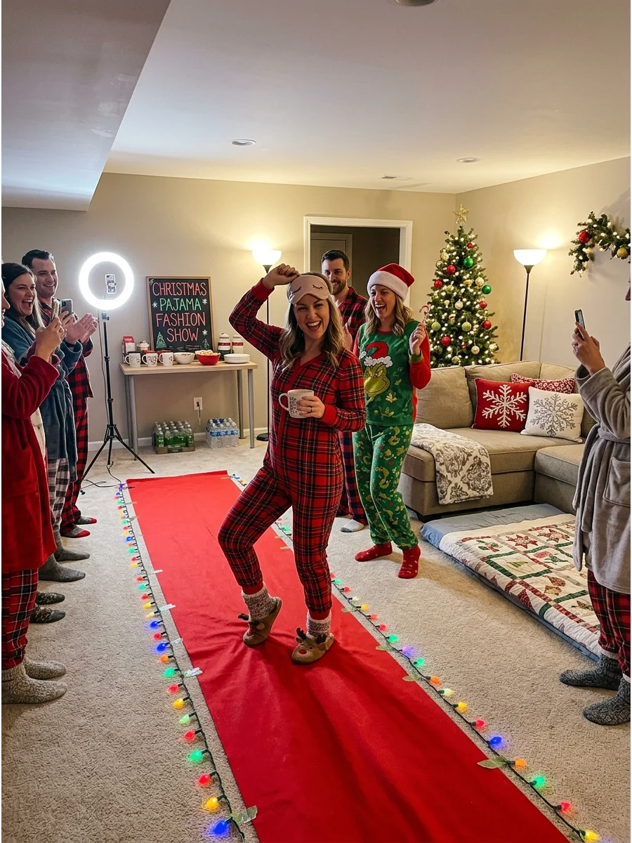 A red fabric runway runner on a basement floor for a fashion show.