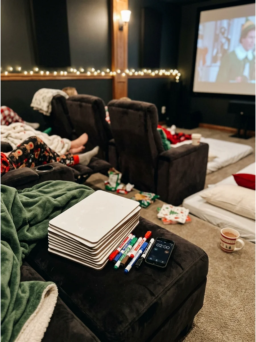 Small whiteboards and dry erase markers stacked on a theater chair.