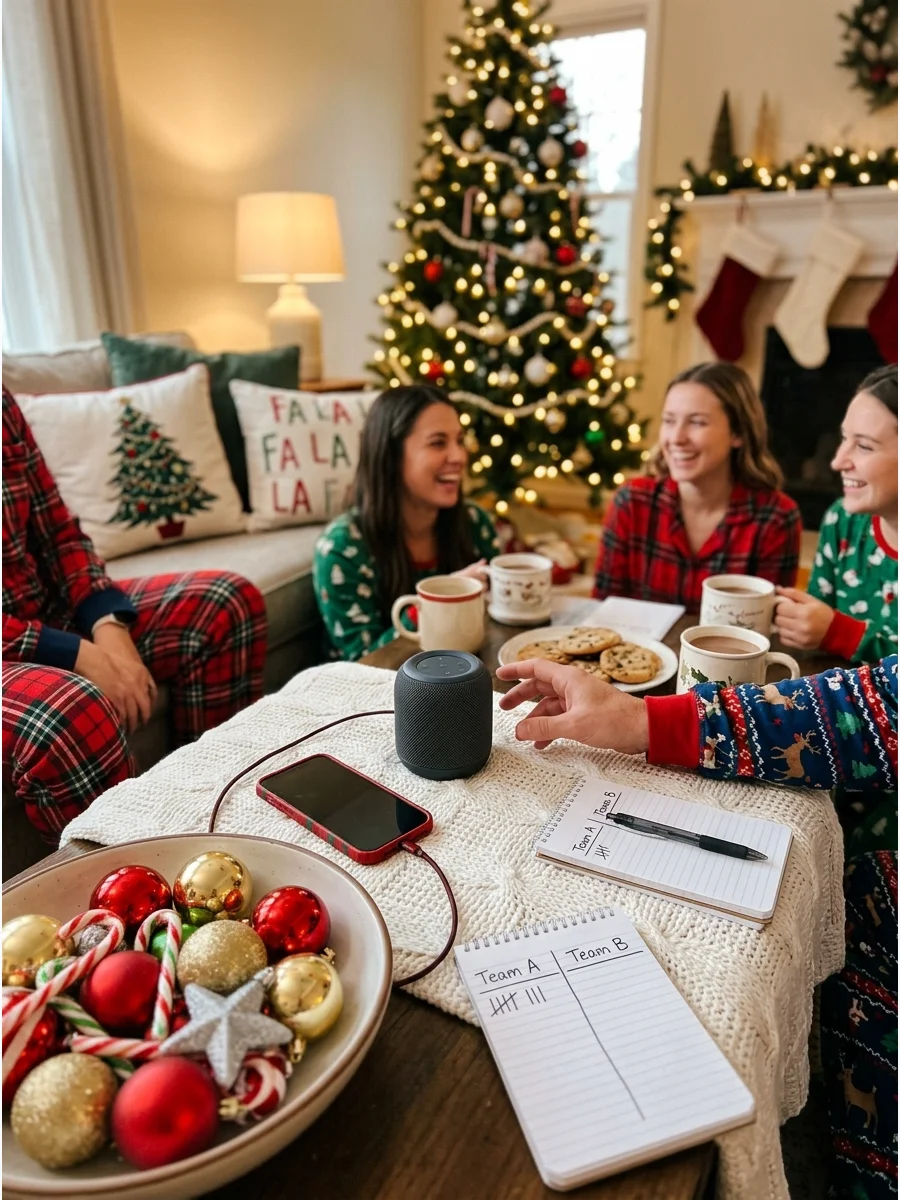 A smartphone and a wireless speaker on a table next to holiday ornaments.