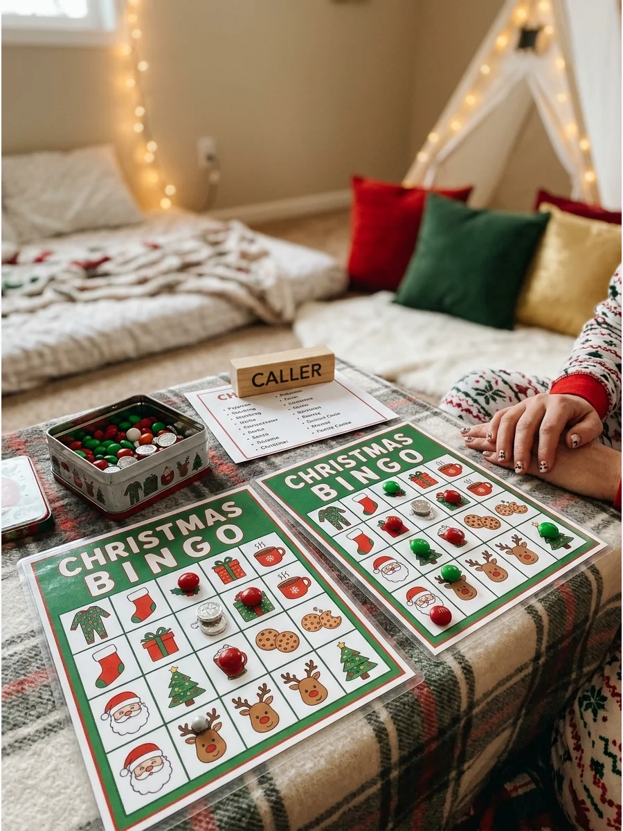 Holiday themed bingo cards and red and green candies on a small table.