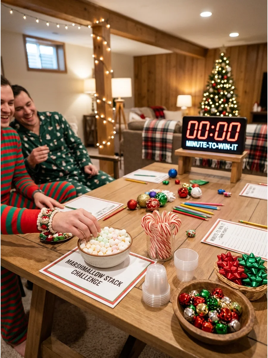A long table with game stations featuring bowls of marshmallows and candy canes.