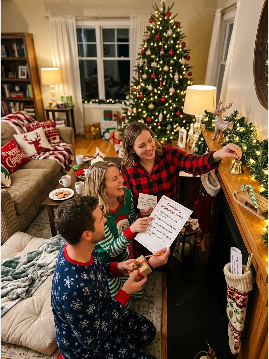 A scavenger hunt checklist on a fireplace mantel next to a small bell.