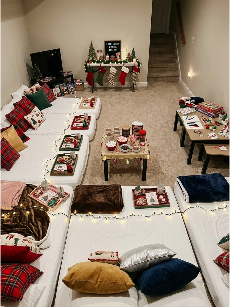 Basement sleepover setup with air mattresses and a hot cocoa station.
