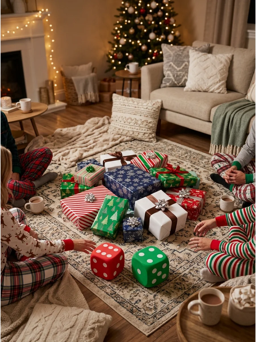 Wrapped Christmas presents arranged in a circle on a rug with large dice.